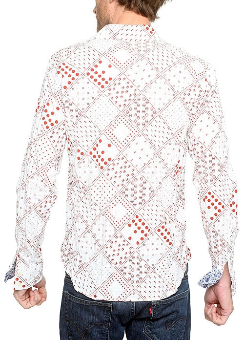 Men&#39;s RA-RE - &quot;FAUST&quot; Red and White Patterned Shirt With Metal Skull Snap Detail