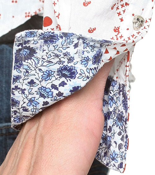 Men's RA-RE - "FAUST" Red and White Patterned Shirt With Metal Skull Snap Detail