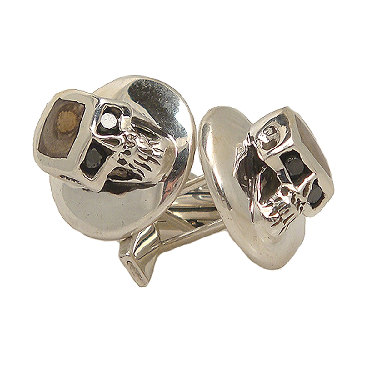 MARCOS - &quot;BLACK DIAMOND SKULL&quot; Sterling Cufflinks with Inlaid BOX ELDER Wood Accent