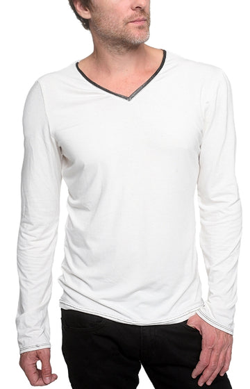 Men's GUNS Clothing - "V-NECK Long Sleeve" with Italian Leather Trim in White