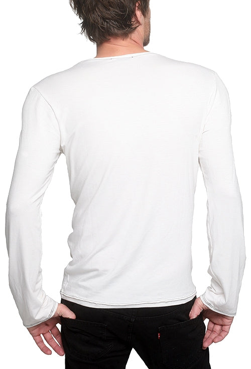 Men's GUNS Clothing - "V-NECK Long Sleeve" with Italian Leather Trim in White
