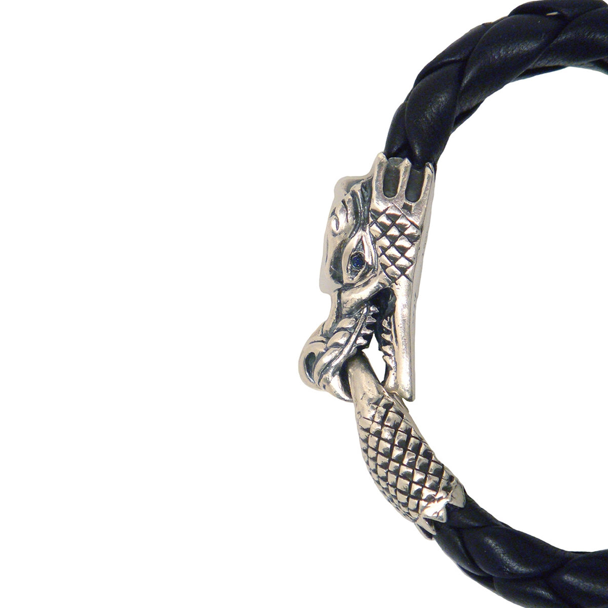 KING BABY - &quot;DRAGON&quot; Sterling Silver and Leather Bracelet with Black Diamond Eyes