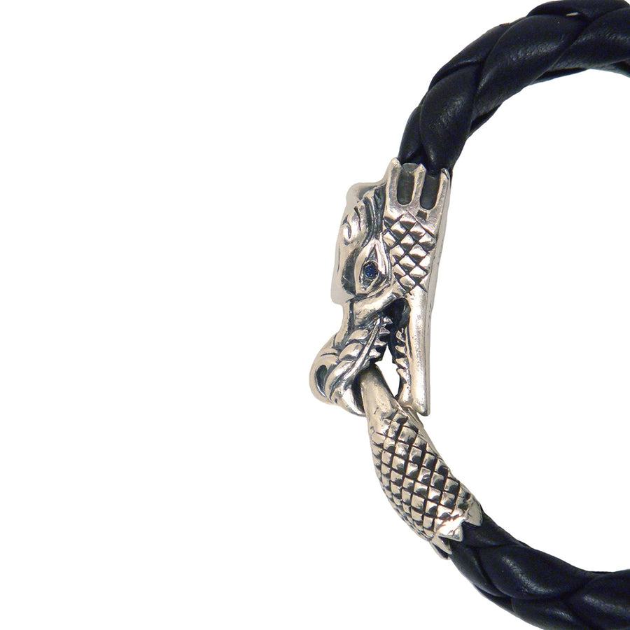 KING BABY - "DRAGON" Sterling Silver and Leather Bracelet with Black Diamond Eyes