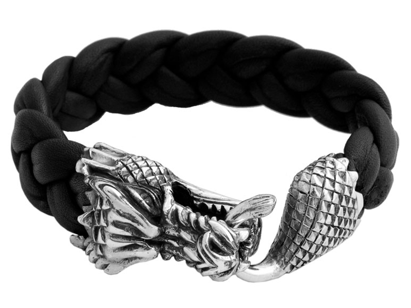 KING BABY - "DRAGON" Sterling Silver and Leather Bracelet with Black Diamond Eyes