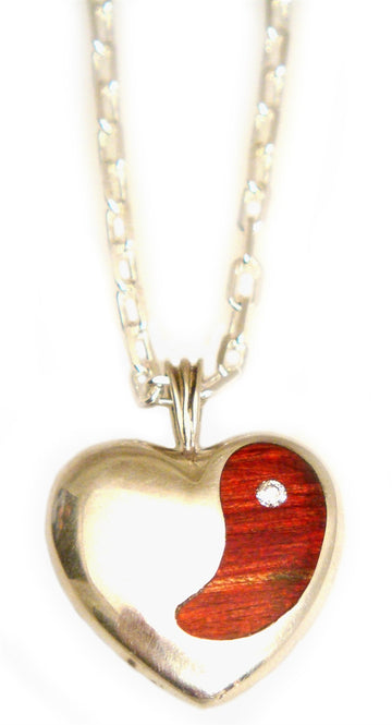 MARCOS - "FLOATING HEART" Silver Pendant with Inlaid Redwood and Diamond Accent