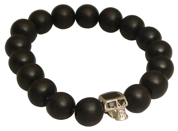 MARCOS - &quot;EBONY WOOD and SILVER SKULL&quot; Bracelet with Black Diamond Eyes