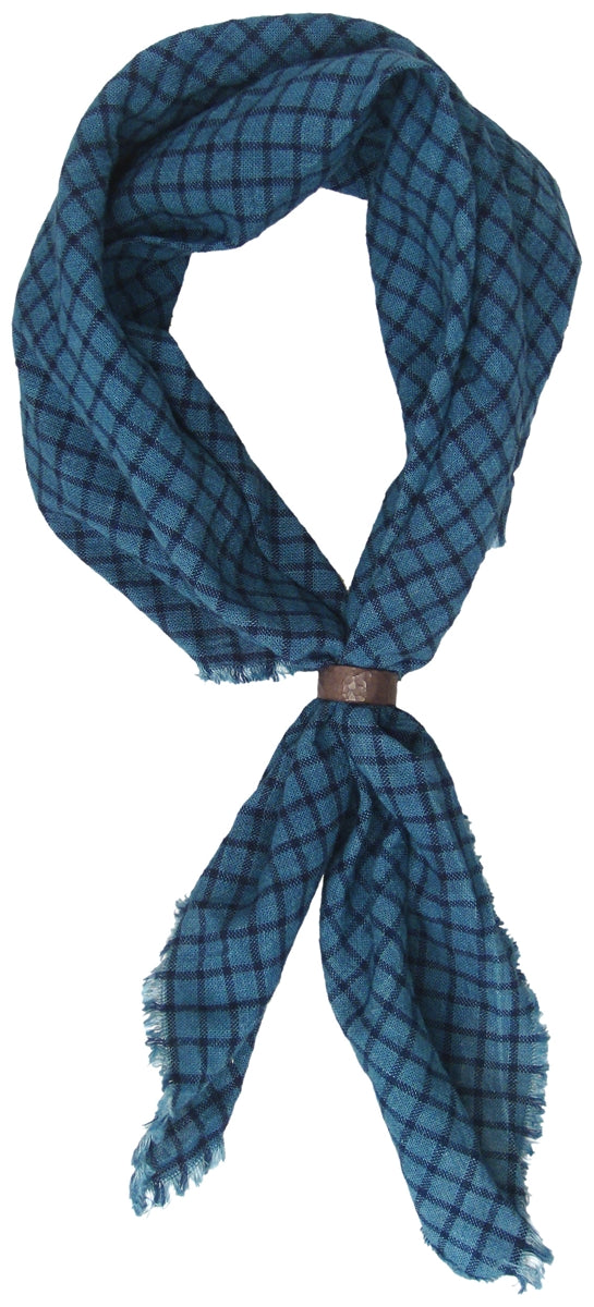 BLACK BARC - "BLUE PLAID HANDKERCHIEF SCARF" with Anodized Hammered Silver Ring
