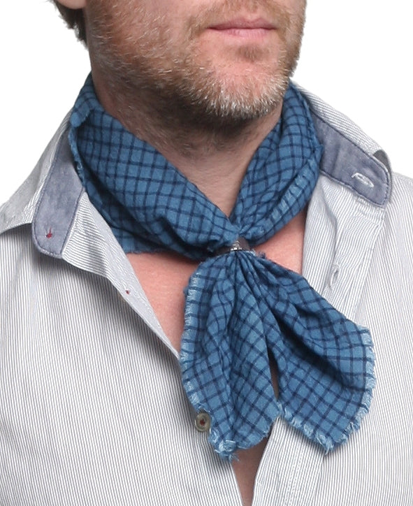 BLACK BARC - &quot;BLUE PLAID HANDKERCHIEF SCARF&quot; with Anodized Hammered Silver Ring