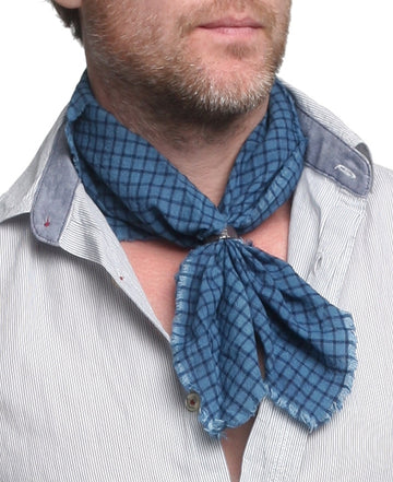 BLACK BARC - "BLUE PLAID HANDKERCHIEF SCARF" with Anodized Hammered Silver Ring