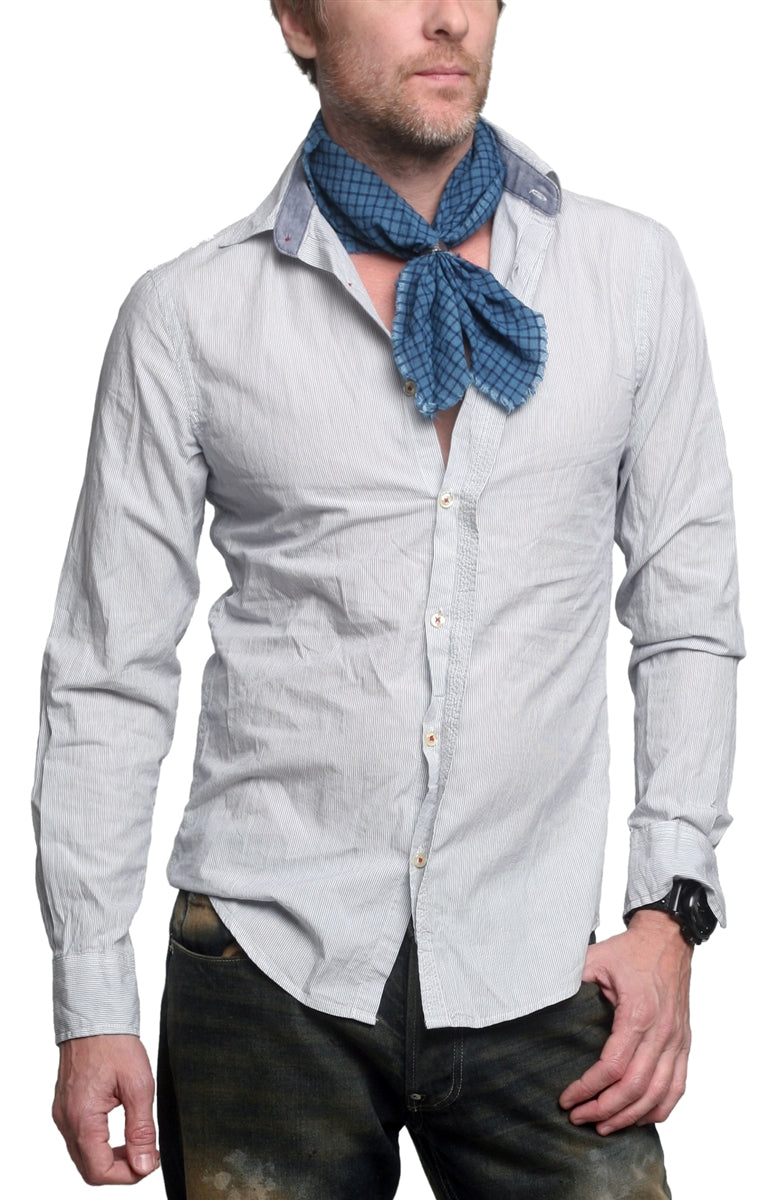 BLACK BARC - "BLUE PLAID HANDKERCHIEF SCARF" with Anodized Hammered Silver Ring