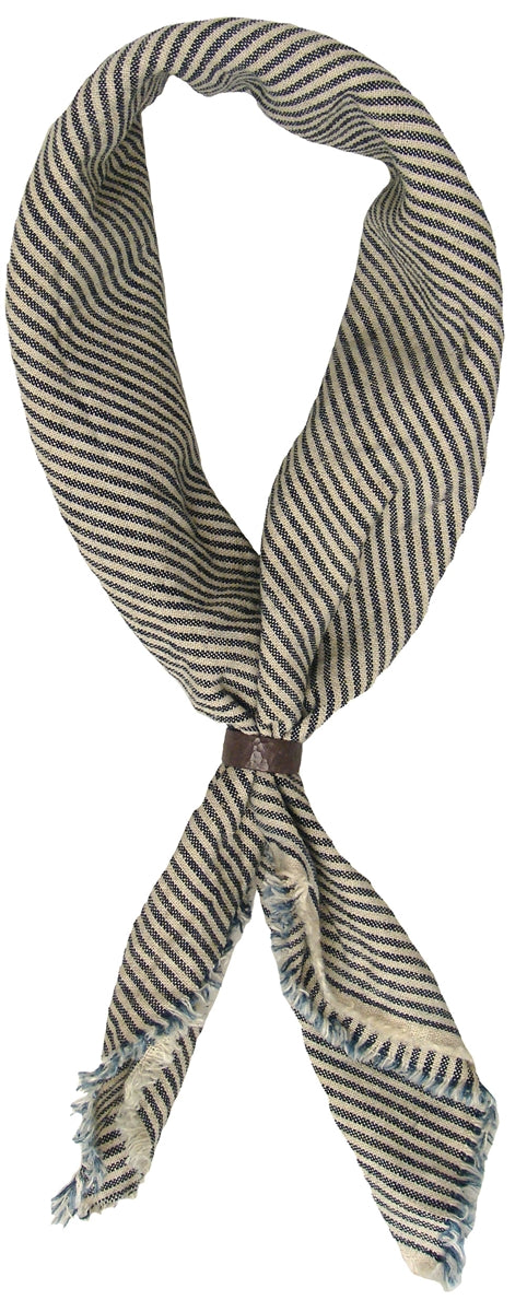 BLACK BARC - &quot;BLUE STRIPED HANDKERCHIEF SCARF&quot; with Anodized Hammered Silver Ring