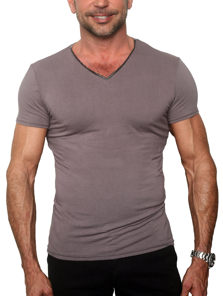 Men&#39;s GUNS Clothing - &quot;V-NECK&quot; with Italian Lambsikin Trim in Gunmetal