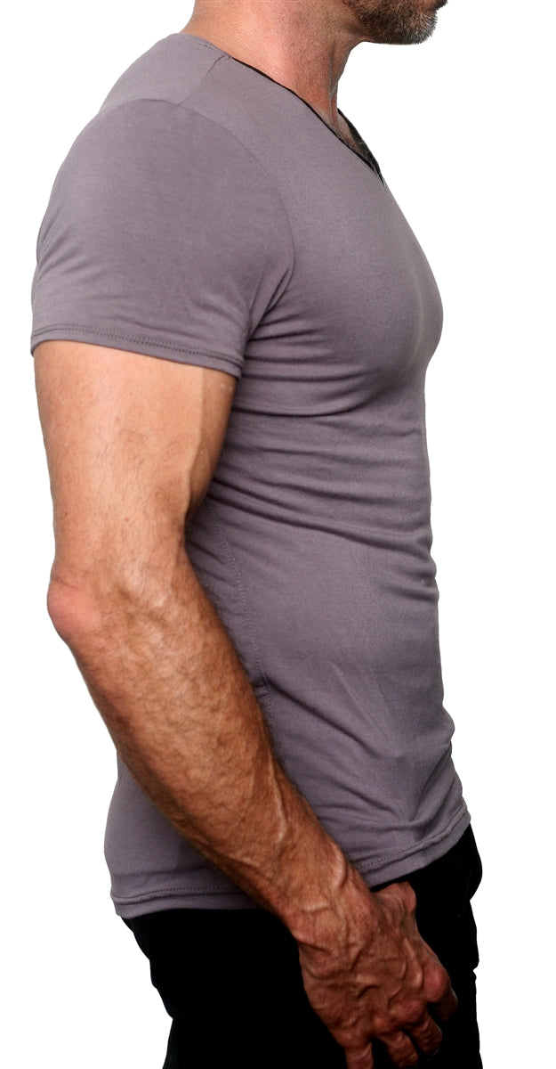 Men&#39;s GUNS Clothing - &quot;V-NECK&quot; with Italian Lambsikin Trim in Gunmetal