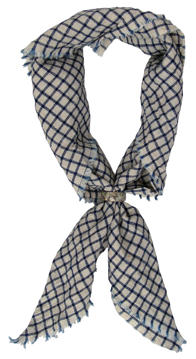 BLACK BARC - &quot;BLUE and CREAM CHECKED HANDKERCHIEF SCARF&quot; with Aged Sterling Silver Ring