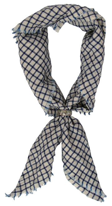 BLACK BARC - "BLUE and CREAM CHECKED HANDKERCHIEF SCARF" with Aged Sterling Silver Ring