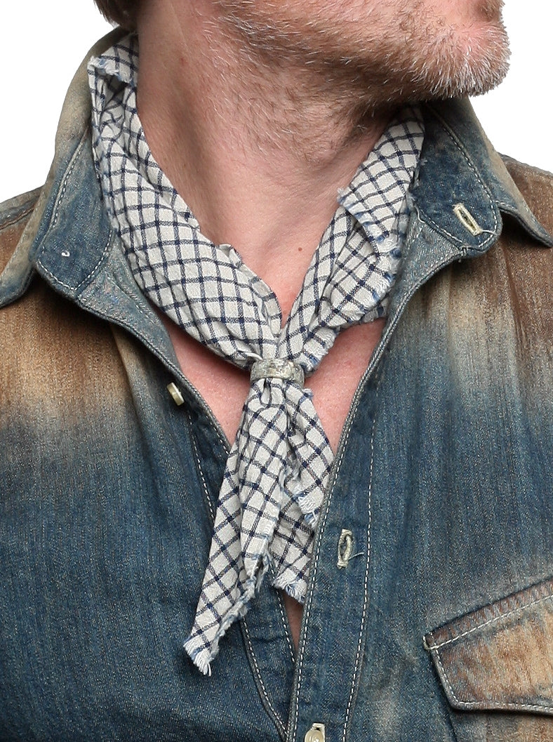 BLACK BARC - "BLUE and CREAM CHECKED HANDKERCHIEF SCARF" with Aged Sterling Silver Ring