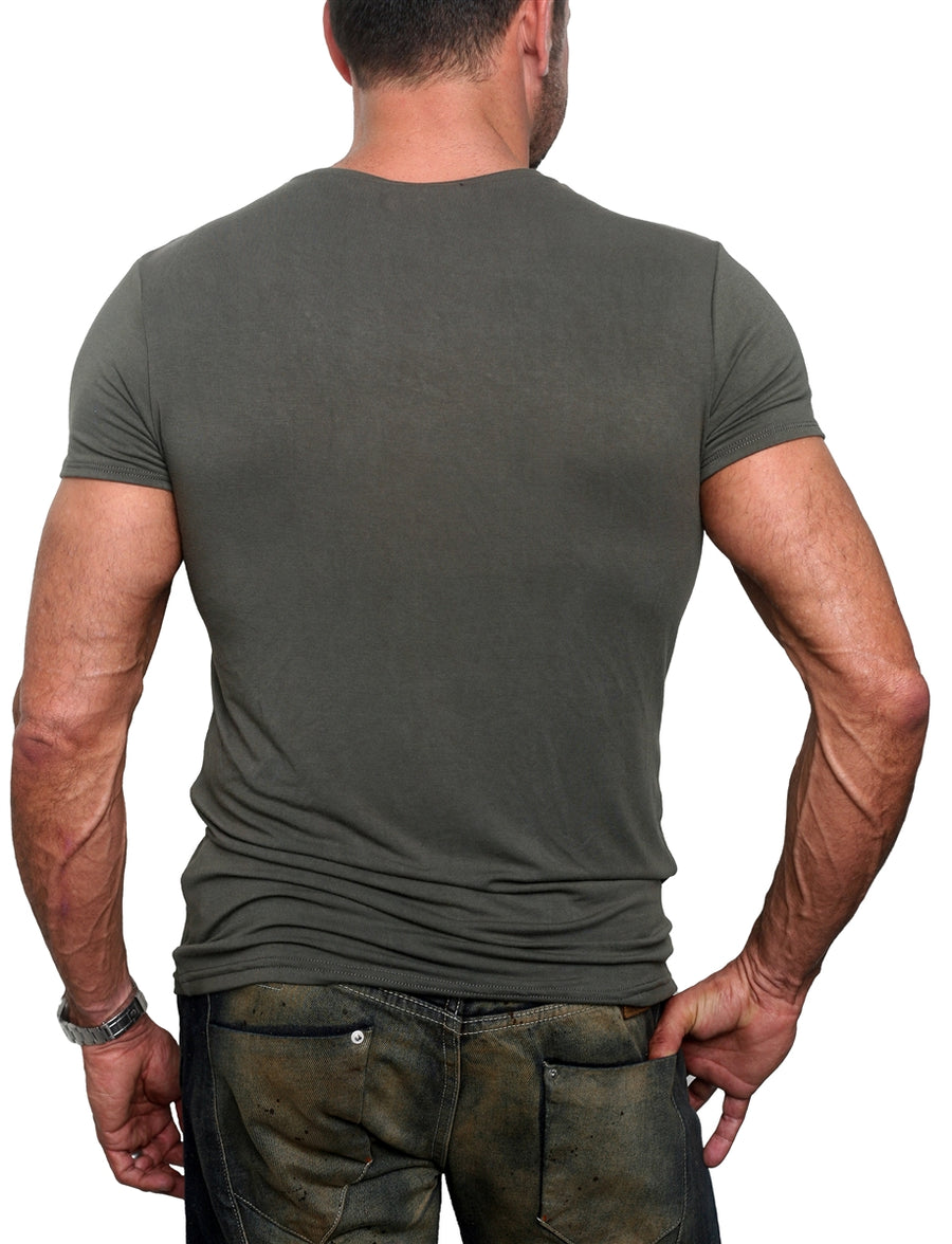 Men's GUNS Clothing - "V-NECK" with Brown Italian Lambskin Trim in Army Green