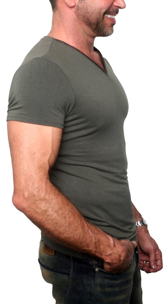 Men's GUNS Clothing - "V-NECK" with Brown Italian Lambskin Trim in Army Green