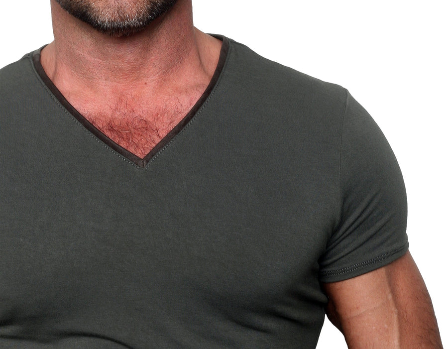 Men's GUNS Clothing - "V-NECK" with Brown Italian Lambskin Trim in Army Green