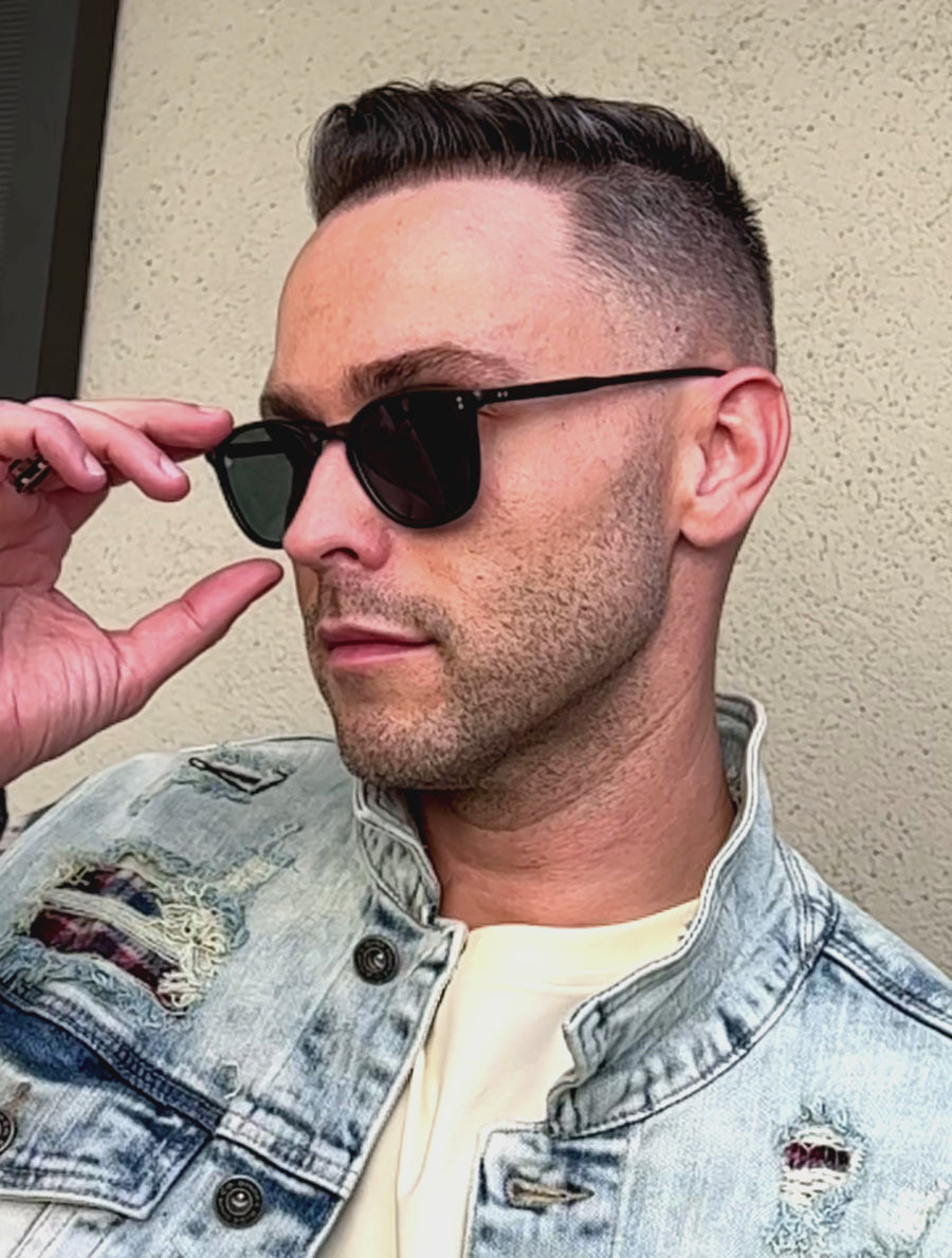 Garrett Leight - "KINNEY" Sunglasses in Matte Black Frames with Semi-Flat Blue Smoke Lenses