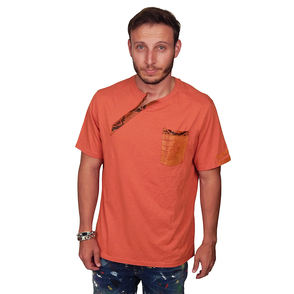 SKINZ by Anton - "Angled Zip" Shirt with Faux Metallic Gold Python and Alligator Accents