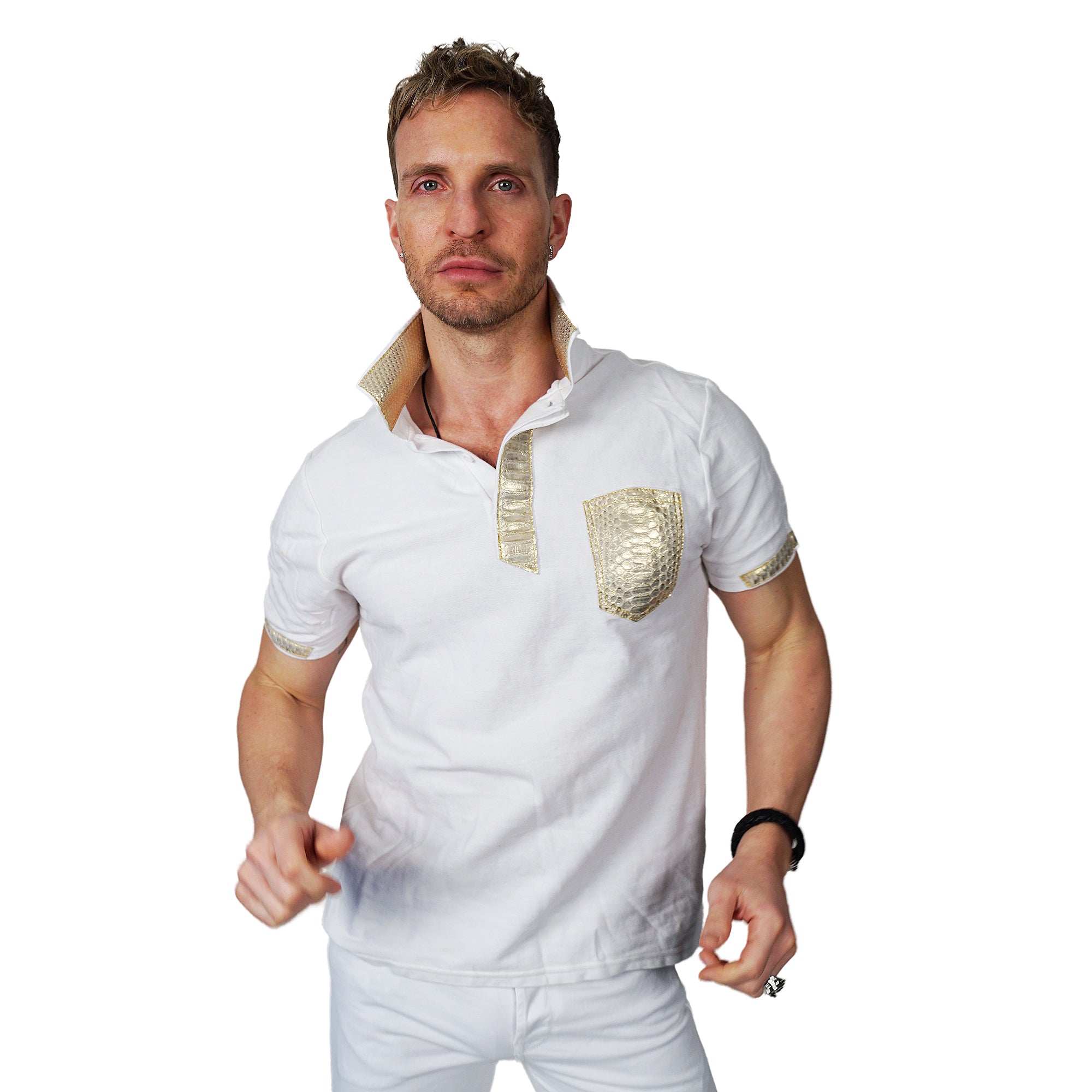 SKINZ by Anton - White Polo with Metallic Gold Python Accents