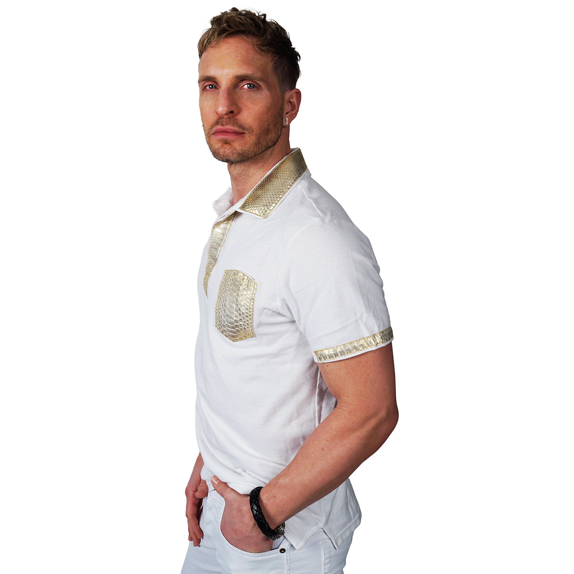 SKINZ by Anton - White Polo with Metallic Gold Python Accents