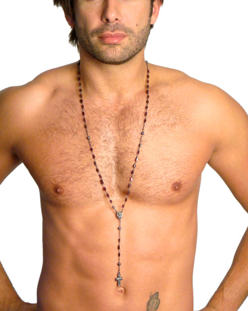 JEWELRY by CAIN - "GARNET ROSARY" with RECTANGLE CUT stones and Sterling Silver Accents