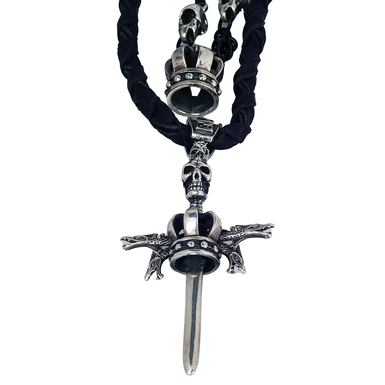 I.V.Y. Dimensions - &quot;EMPIRE SKULL&quot; Necklace in Sterling Silver and Black Leather