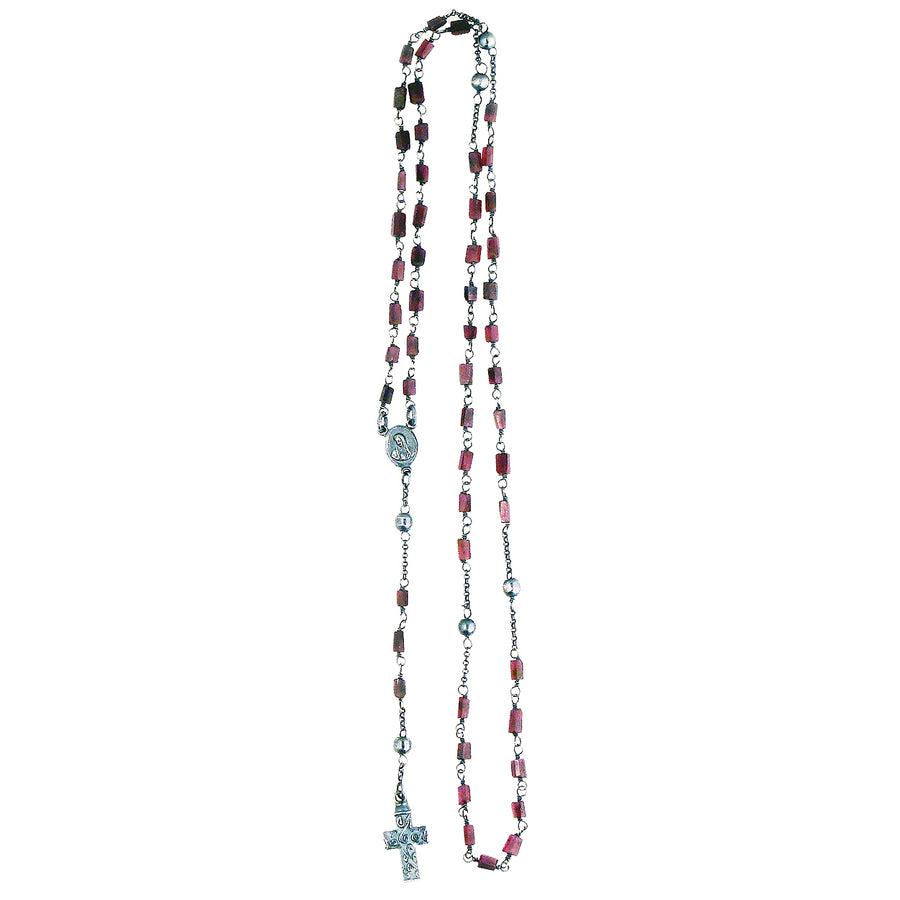 JEWELRY by CAIN - "GARNET ROSARY" with RECTANGLE CUT stones and Sterling Silver Accents