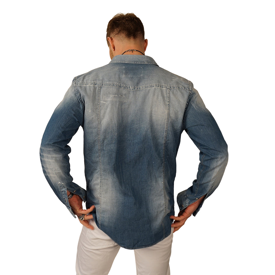 Men's John Richmond - "HEIMETE" Denim Shirt in Distressed Blue