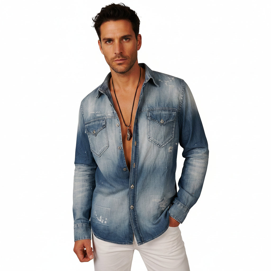 Men's John Richmond - "HEIMETE" Denim Shirt in Distressed Blue