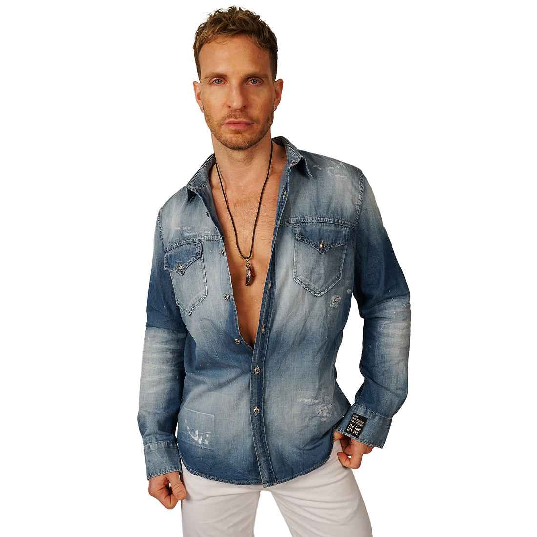 Men's John Richmond - "HEIMETE" Denim Shirt in Distressed Blue