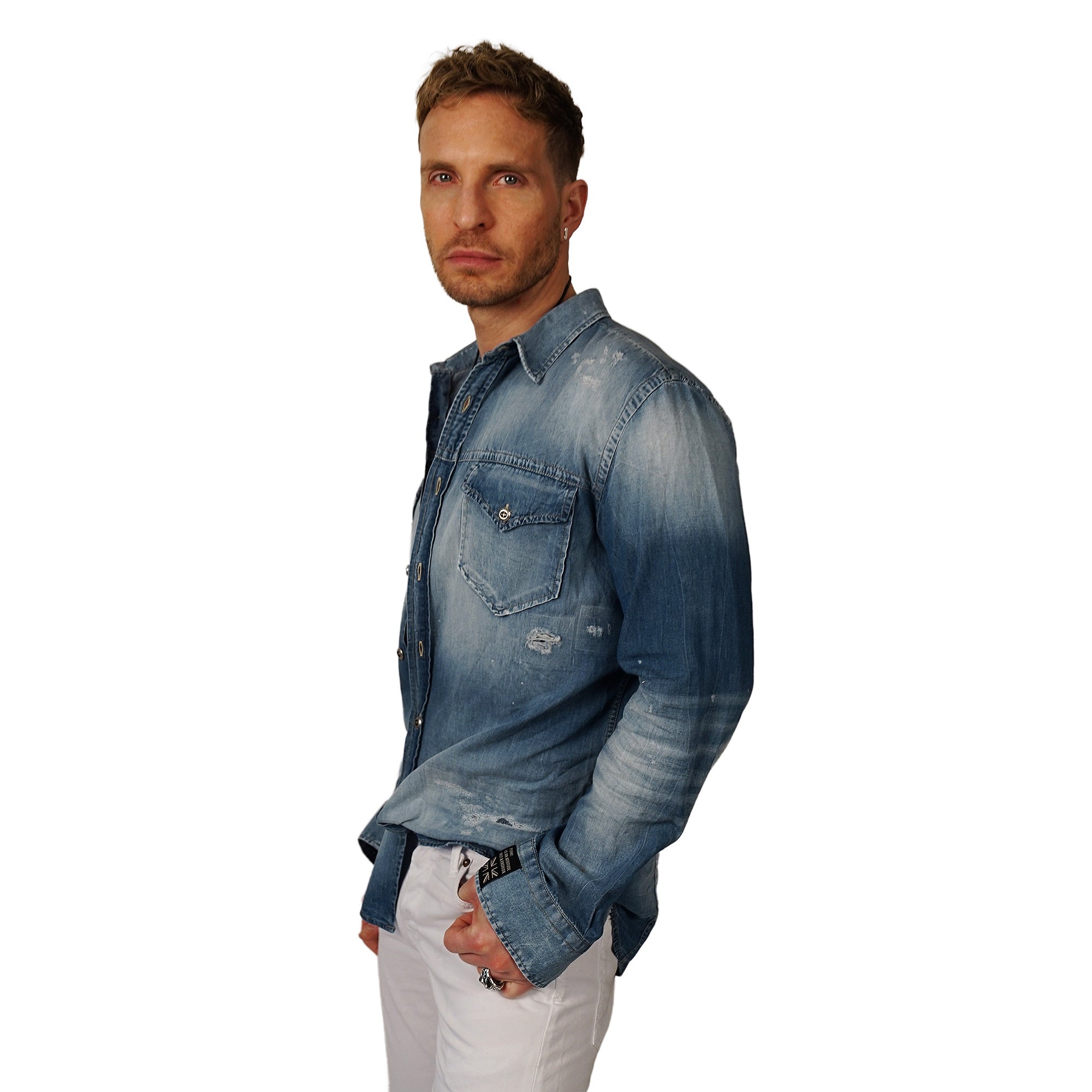 Men&#39;s John Richmond - &quot;HEIMETE&quot; Denim Shirt in Distressed Blue