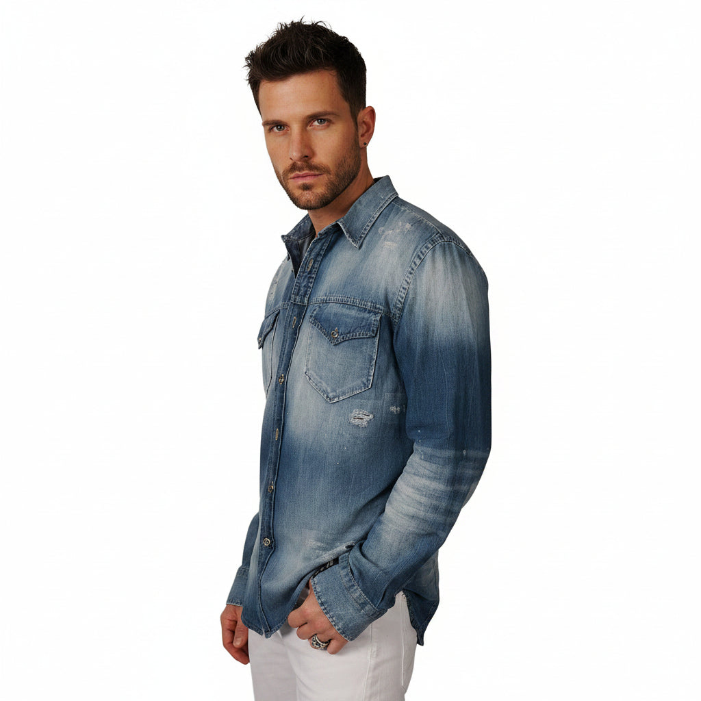 Men's John Richmond - "HEIMETE" Denim Shirt in Distressed Blue