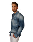 Men's John Richmond - "HEIMETE" Denim Shirt in Distressed Blue