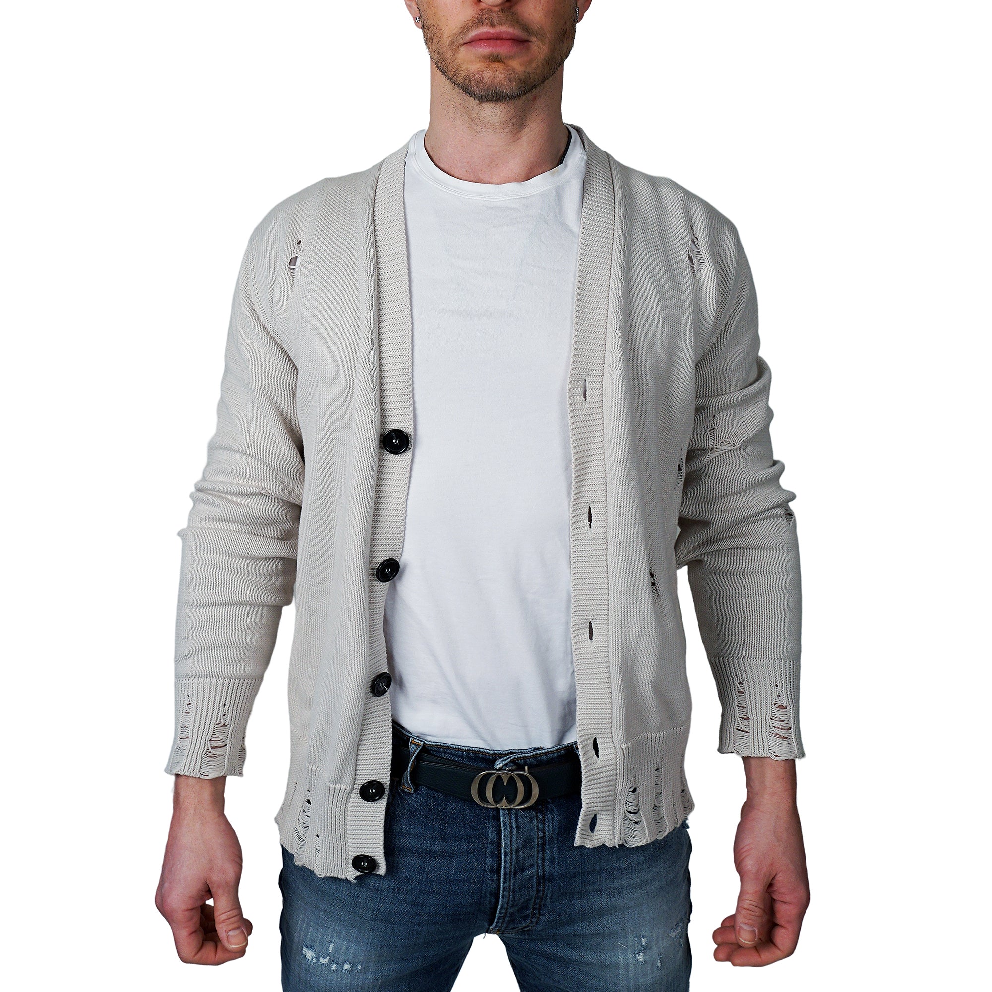 John Richmond - &quot;VANADIS&quot; Distressed Knit Cardigan in Bone