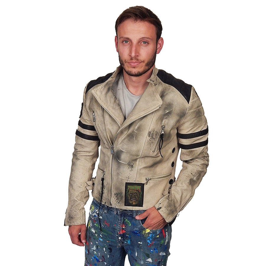 Junker Designs – Serpent Leather Biker Jacket in Off-White