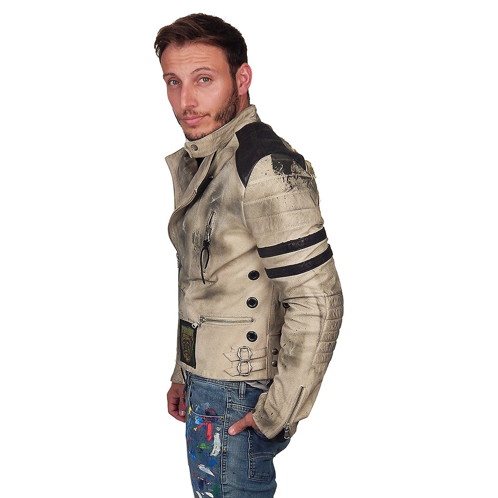 JUNKER DESIGNS - &quot;SERPENT&quot; Leather Biker Jacket in Off-White