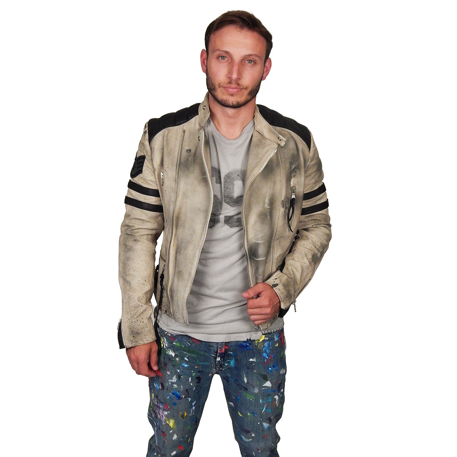 JUNKER DESIGNS - &quot;SERPENT&quot; Leather Biker Jacket in Off-White