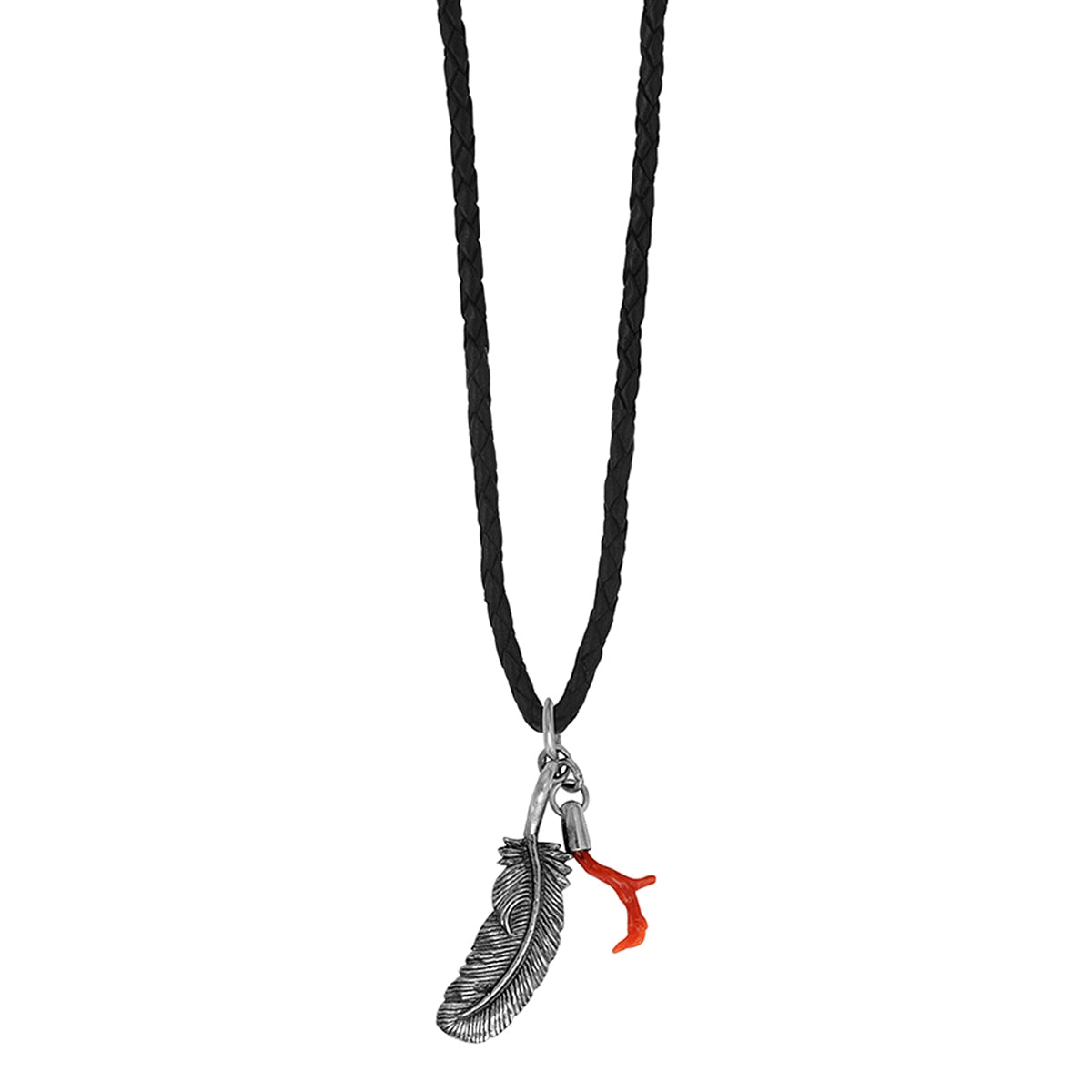 KING BABY STUDIO - &quot;RAVEN FEATHER &amp; CORAL&quot; Sterling Silver Pendants on Leather