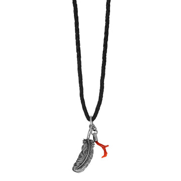 KING BABY STUDIO - "RAVEN FEATHER & CORAL" Sterling Silver Pendants on Leather
