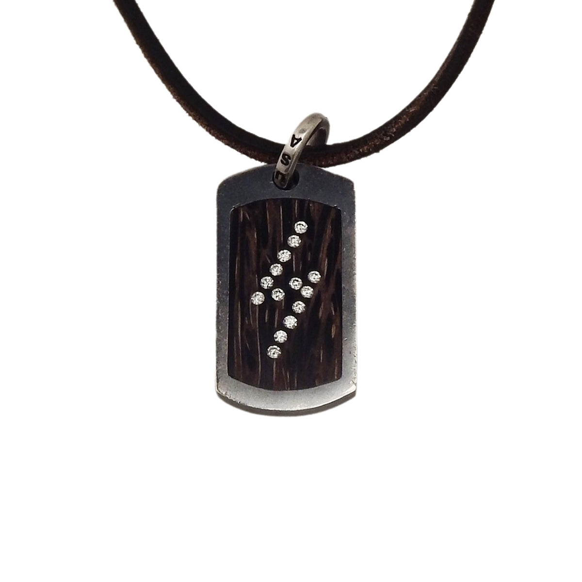 MARCOS - &quot;DIAMOND BOLT&quot;  Pendant in Oxidized Sterling Silver and Inlaid Wood