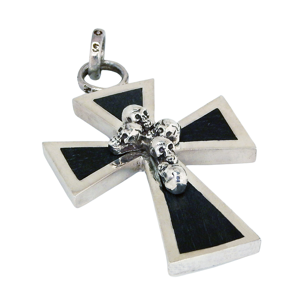 MARCOS - &quot;MULTI-MINI SKULL CROSS&quot; Pendant in Sterling Silver with inlaid Ebony Wood