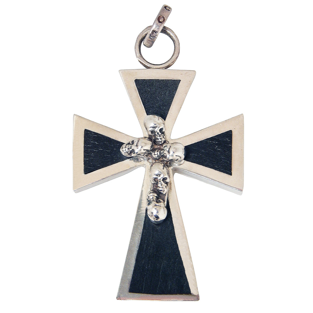 MARCOS - &quot;MULTI-MINI SKULL CROSS&quot; Pendant in Sterling Silver with inlaid Ebony Wood