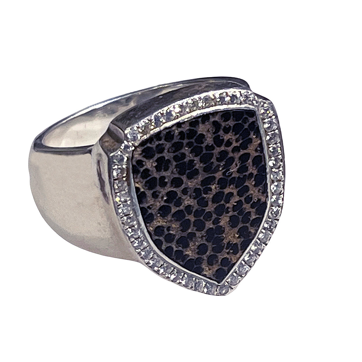 MARCOS - &quot;SHIELD and DIAMONDS&quot; Sterling Silver Ring with Black Palm Wood Inlays