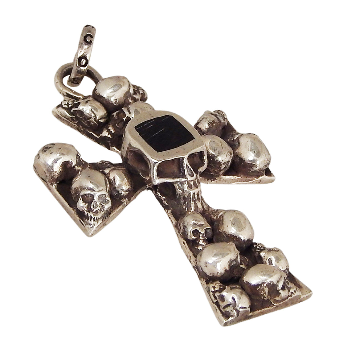 MARCOS - "MULTI-SKULL CROSS" Pendant in Sterling Silver with inlaid Ebony Wood