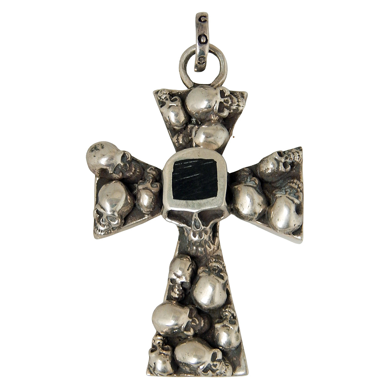 MARCOS - &quot;MULTI-SKULL CROSS&quot; Pendant in Sterling Silver with inlaid Ebony Wood