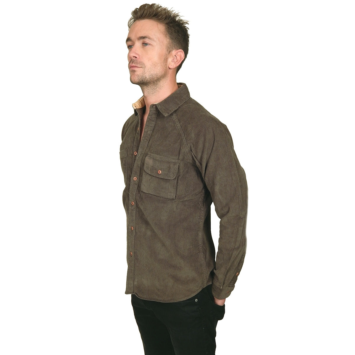 Men&#39;s PROSPECTIVE FLOW - &quot;AOMORI&quot; Micro-Corduroy Shirt in Olive