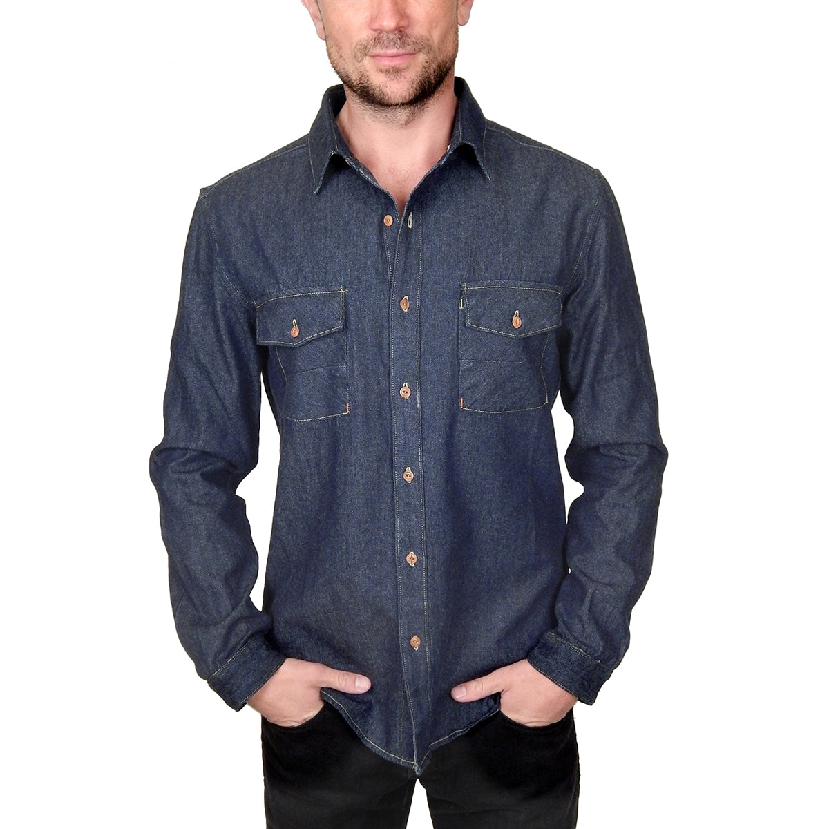 Men&#39;s PROSPECTIVE FLOW - &quot;LYON&quot; Denim Shirt in Indigo Blue